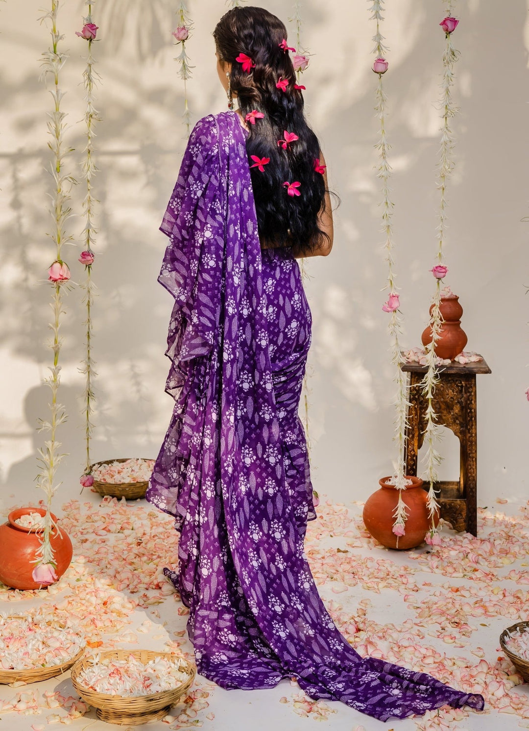 Purple Printed Ruffled Georgette Saree With One Shoulder Embellished Blouse Redpine - Fabilicious Fashion