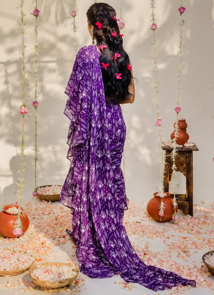 Purple Printed Ruffled Georgette Saree With One Shoulder Embellished Blouse Redpine - Fabilicious Fashion
