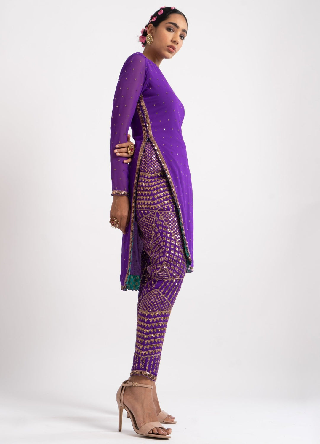 Purple Round Neck Multi Geo Pant Kurta Set Vvani by Vani Vats - Fabilicious Fashion