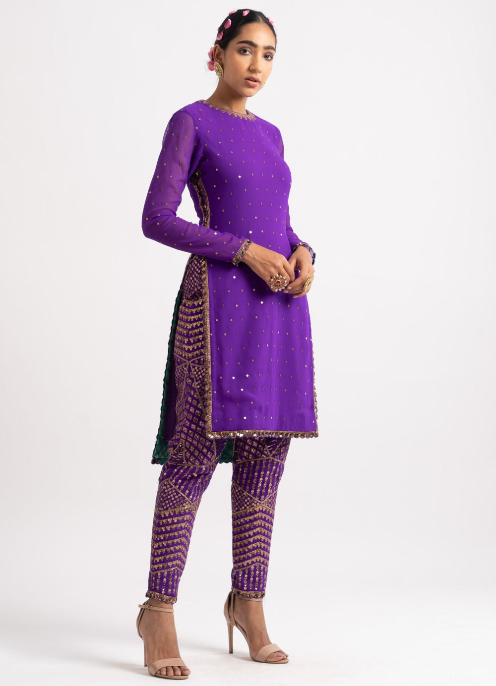 Purple Round Neck Multi Geo Pant Kurta Set Vvani by Vani Vats - Fabilicious Fashion