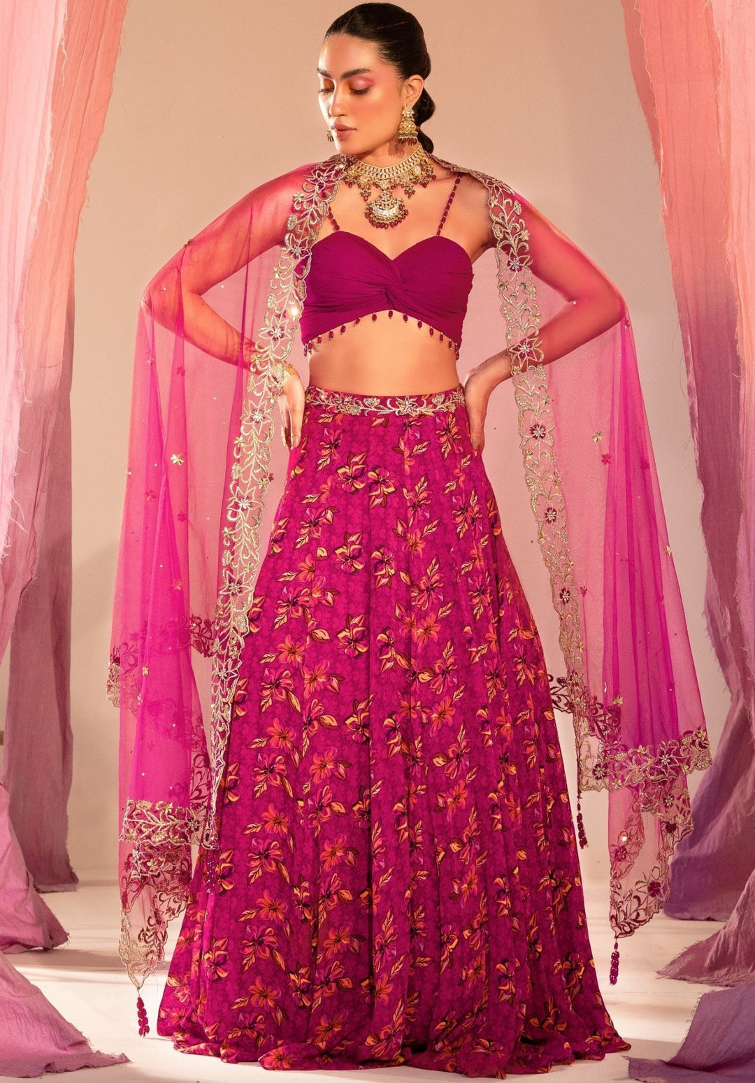 Purple Ruched Blouse With Printed Lehenga And Embroidered Dupatta Set Silky Bindra - Fabilicious Fashion