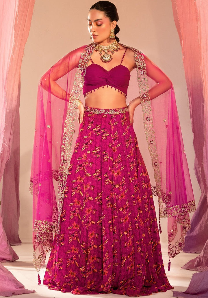 Purple Ruched Blouse With Printed Lehenga And Embroidered Dupatta Set Silky Bindra - Fabilicious Fashion