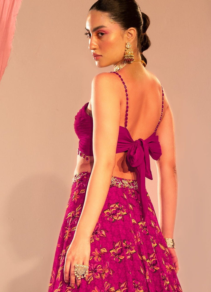 Purple Ruched Blouse With Printed Lehenga And Embroidered Dupatta Set Silky Bindra - Fabilicious Fashion