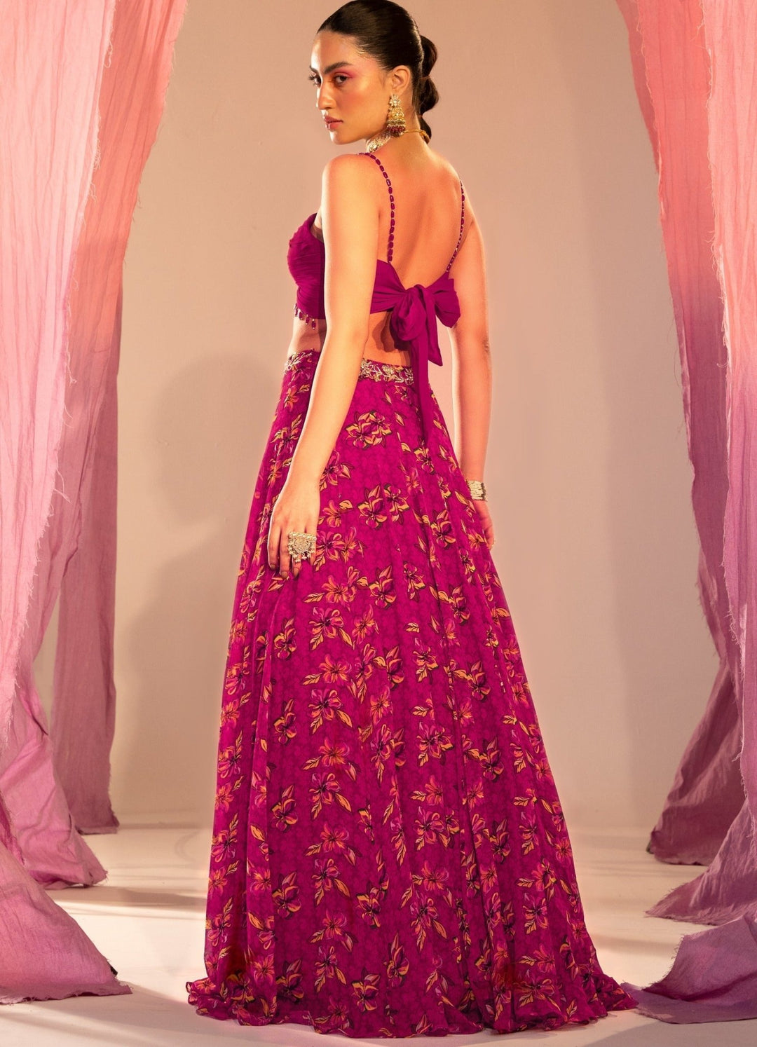 Purple Ruched Blouse With Printed Lehenga And Embroidered Dupatta Set Silky Bindra - Fabilicious Fashion