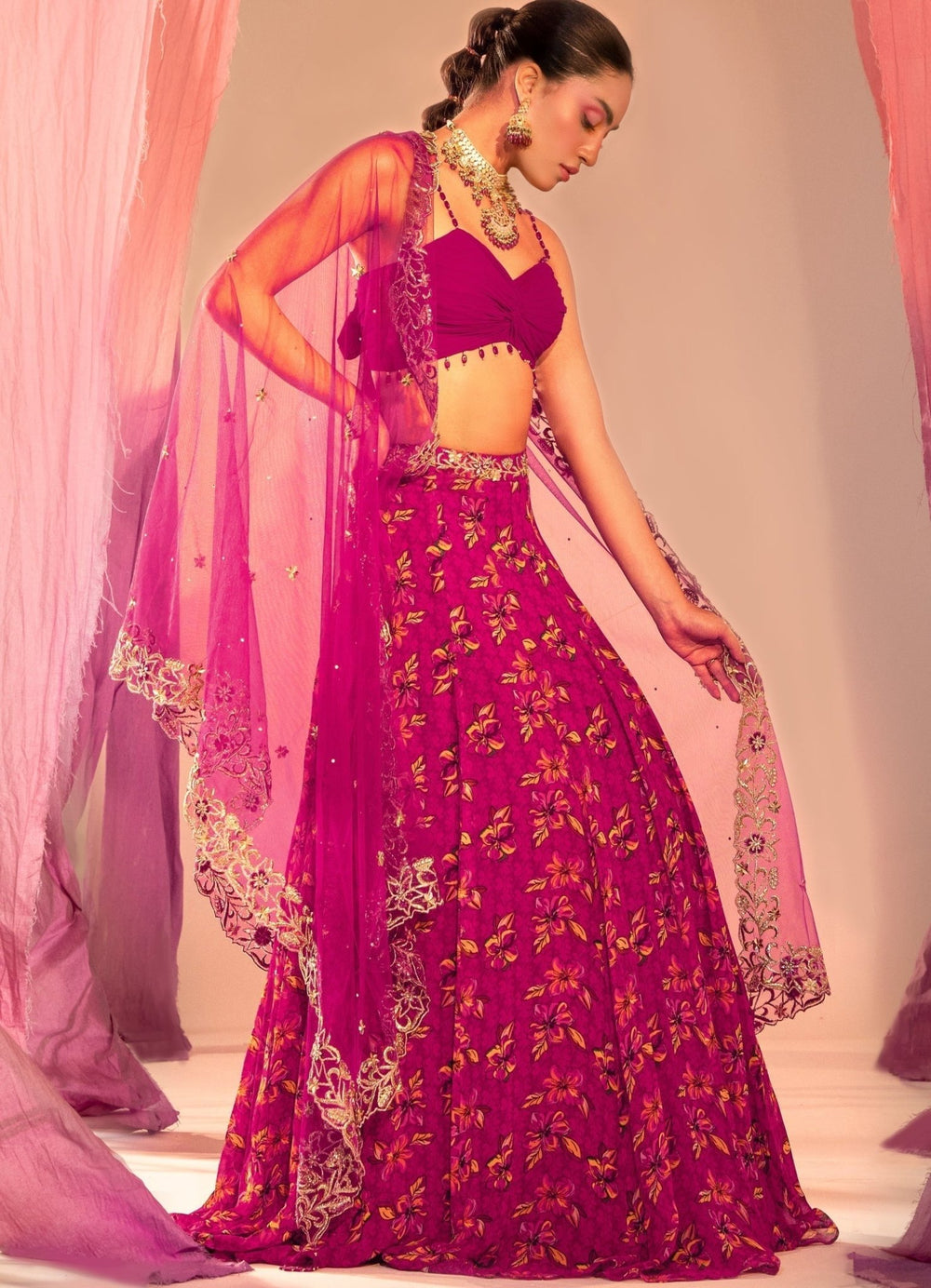 Purple Ruched Blouse With Printed Lehenga And Embroidered Dupatta Set Silky Bindra - Fabilicious Fashion