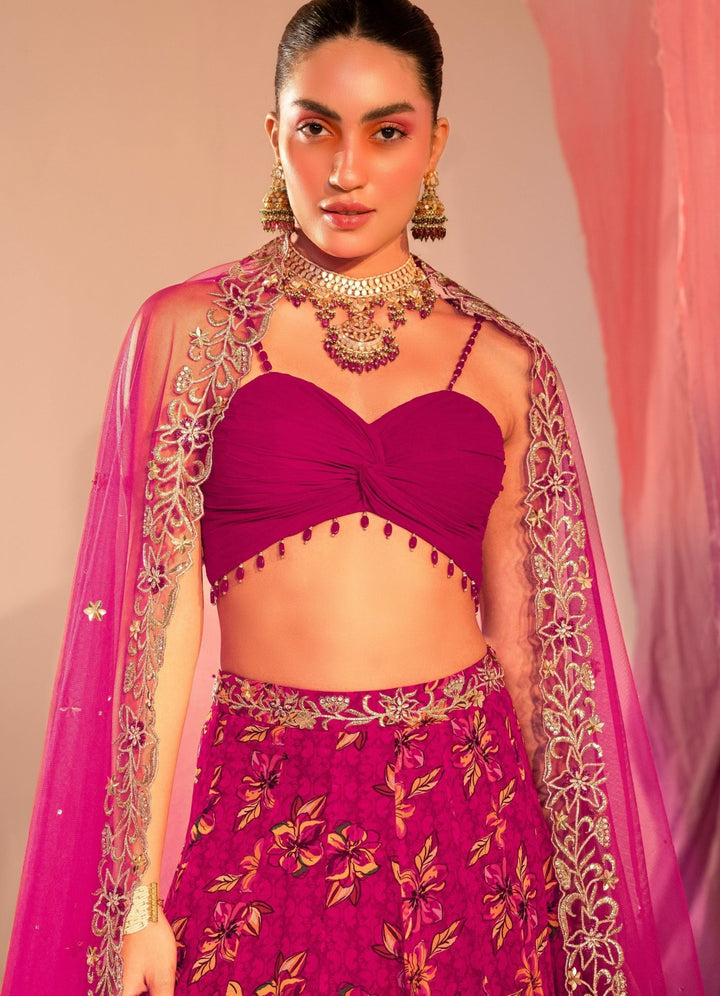 Purple Ruched Blouse With Printed Lehenga And Embroidered Dupatta Set Silky Bindra - Fabilicious Fashion