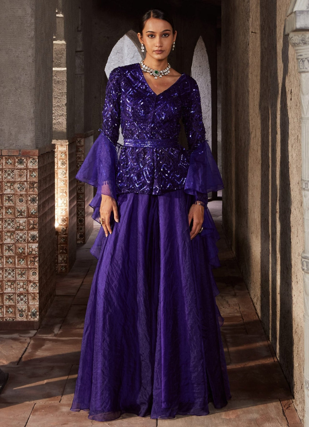 Purple Sequinned Peplum Kurta Sharara Set Nidhika Shekhar - Fabilicious Fashion