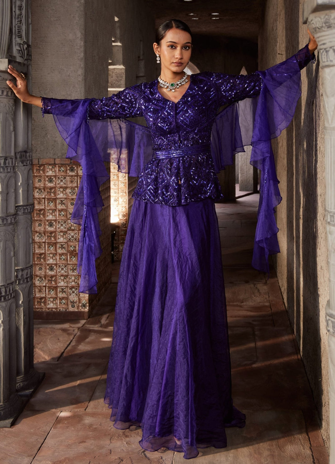 Purple Sequinned Peplum Kurta Sharara Set Nidhika Shekhar - Fabilicious Fashion