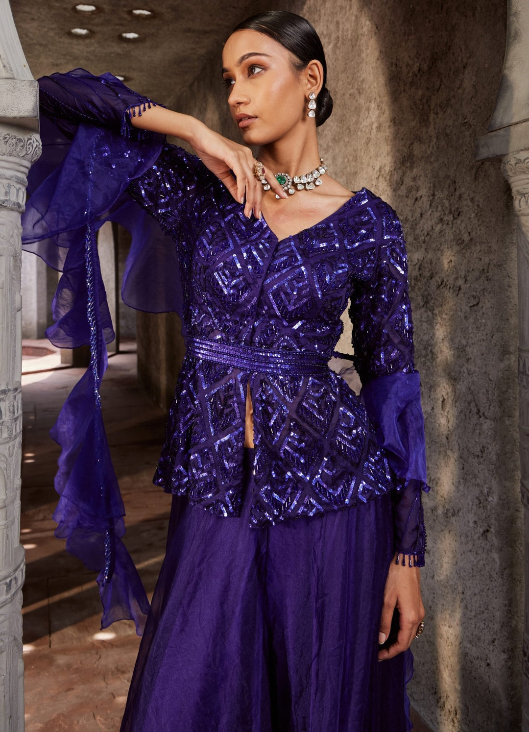 Purple Sequinned Peplum Kurta Sharara Set Nidhika Shekhar - Fabilicious Fashion