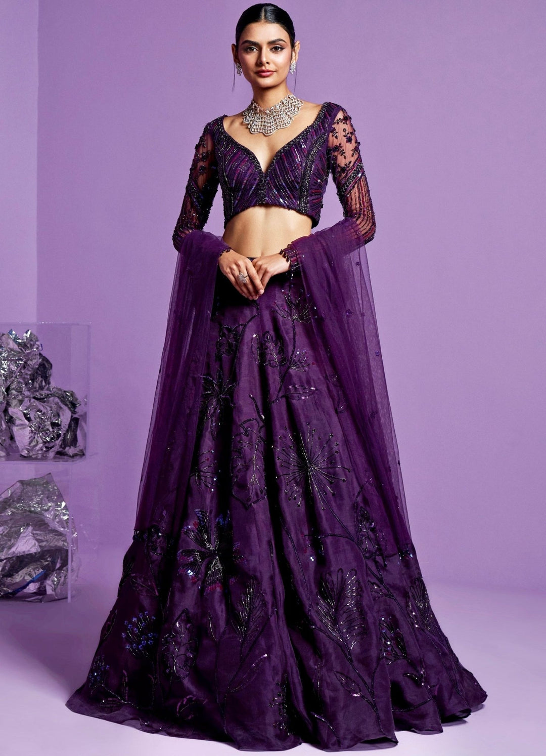 Purple Stellar Sky Silk Organza Lehenga Set Parul Gandhi - Fabilicious Fashion