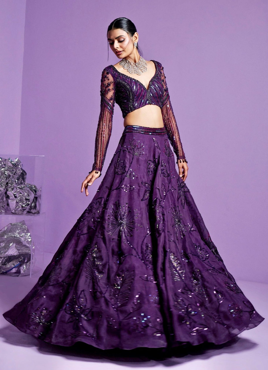 Purple Stellar Sky Silk Organza Lehenga Set Parul Gandhi - Fabilicious Fashion
