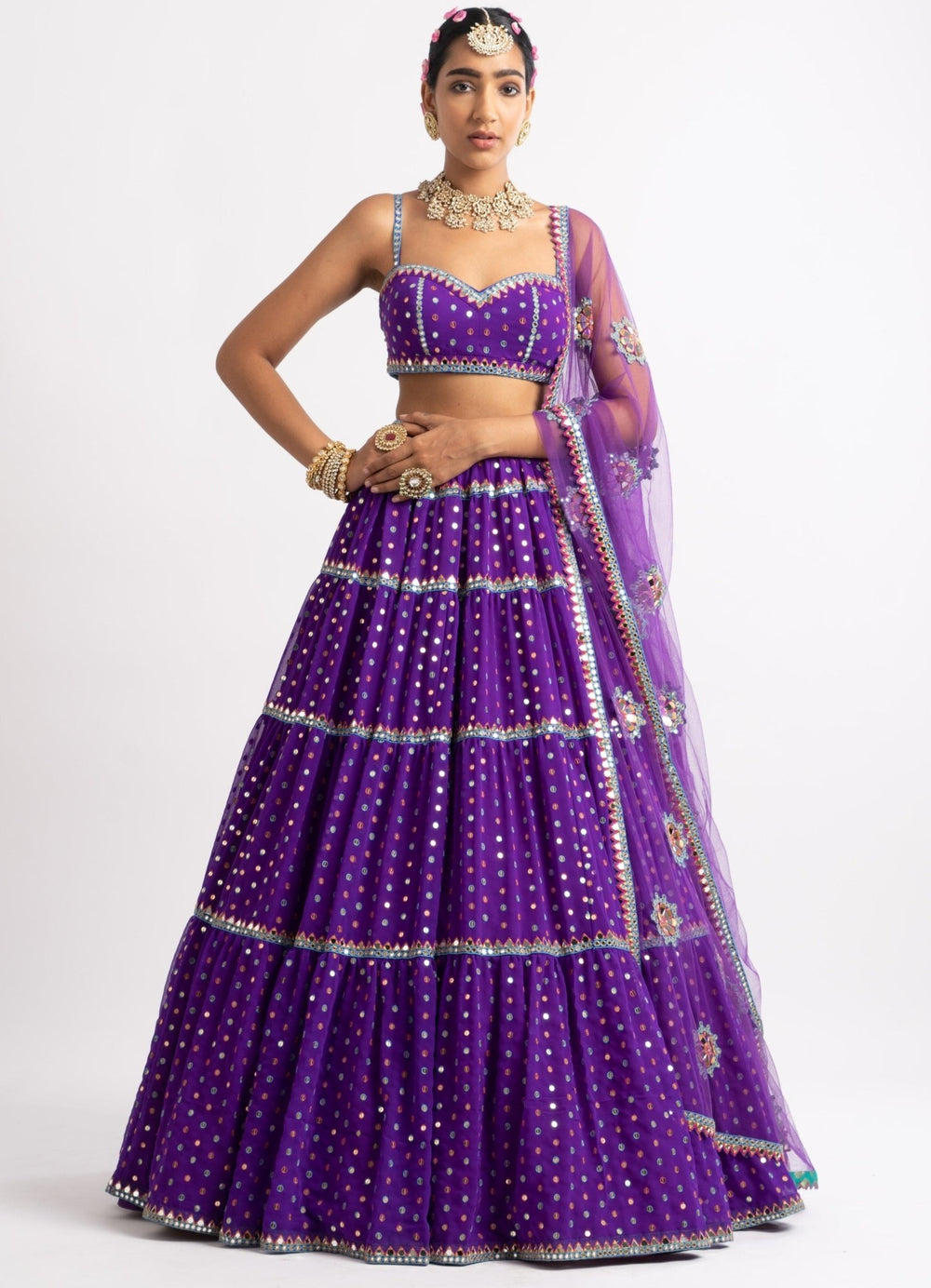 Purple Strappy Blouse and Tiered Lehenga Set Vvani by Vani Vats - Fabilicious Fashion