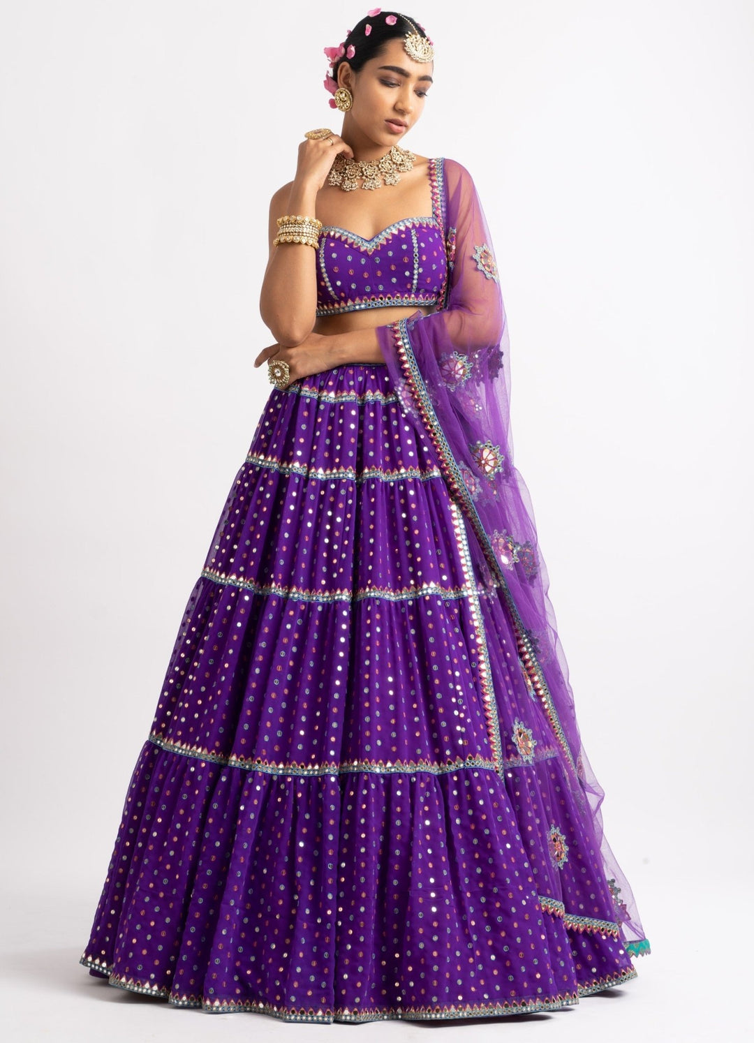 Purple Strappy Blouse and Tiered Lehenga Set Vvani by Vani Vats - Fabilicious Fashion