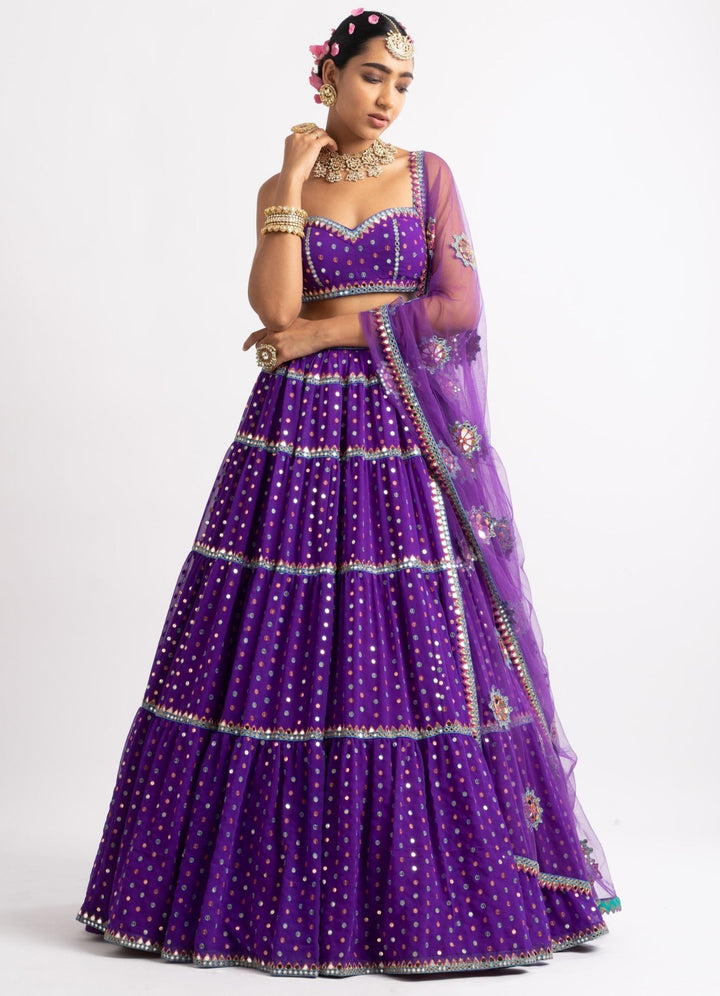 Purple Strappy Blouse and Tiered Lehenga Set Vvani by Vani Vats - Fabilicious Fashion