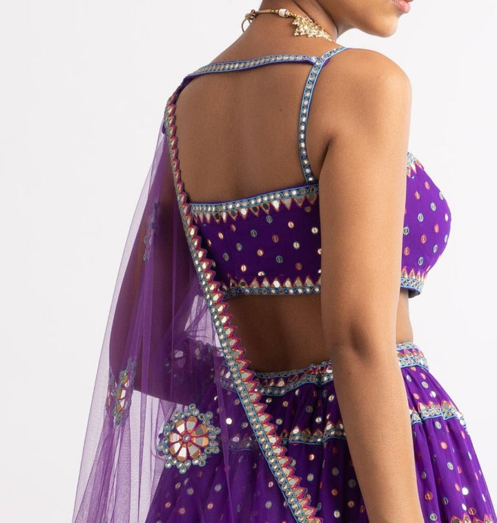 Purple Strappy Blouse and Tiered Lehenga Set Vvani by Vani Vats - Fabilicious Fashion