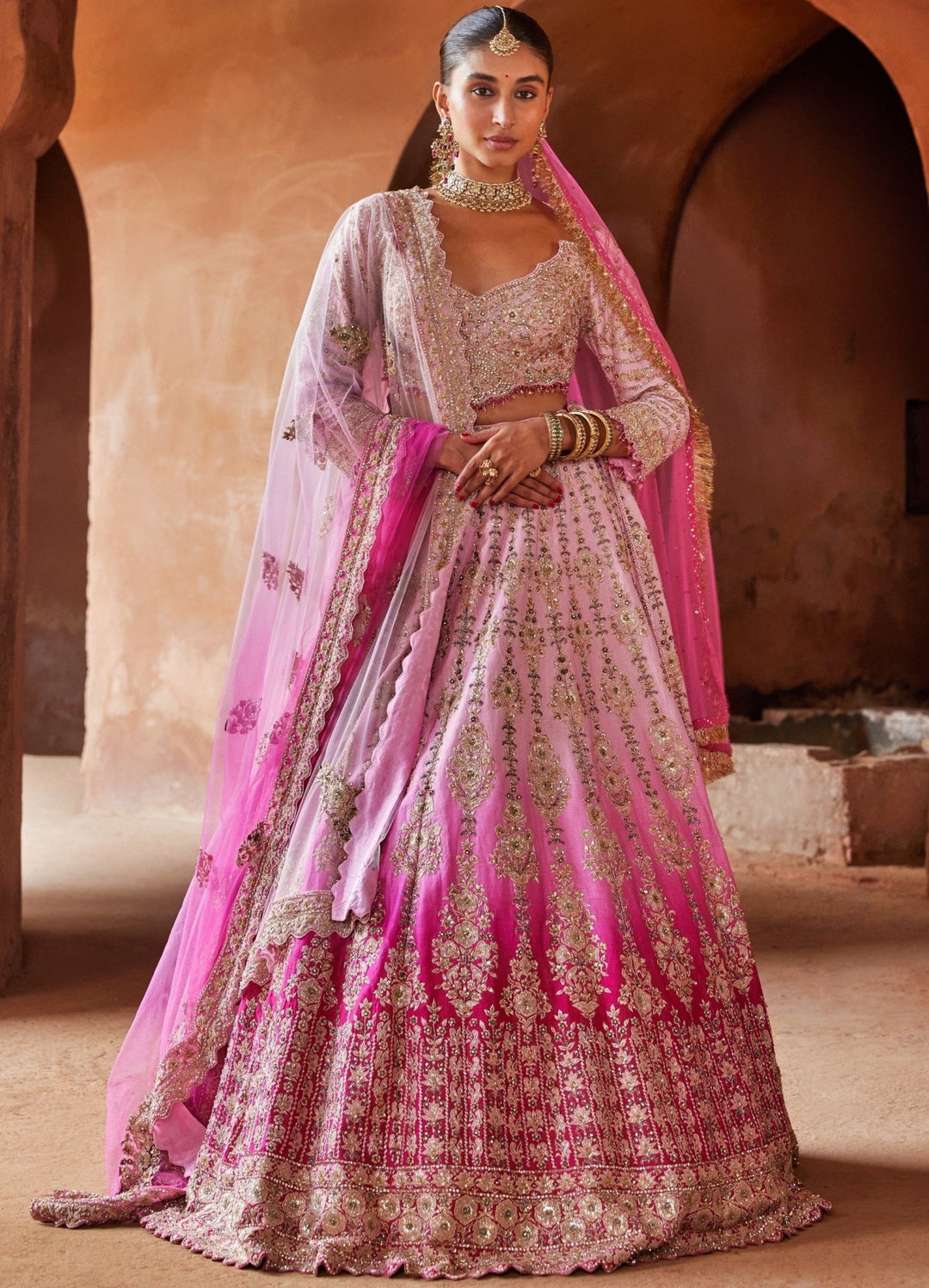 Radiant Pink Bridal Ombre Silk Lehenga Set Nitika Gujral - Fabilicious Fashion
