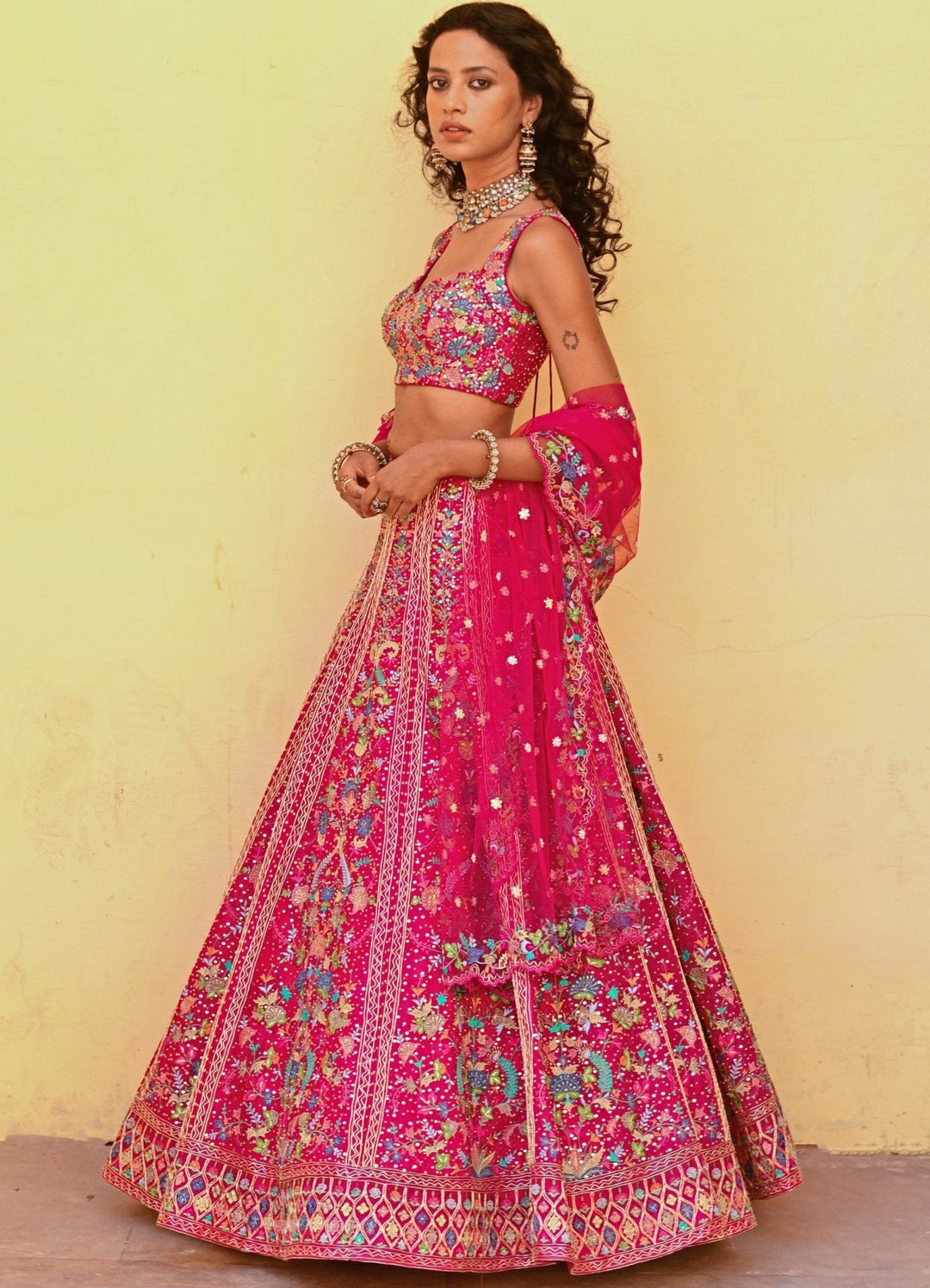 Radiant Pink Multicoloured Resham and Applique Lehenga Set Chamee n Palak - Fabilicious Fashion