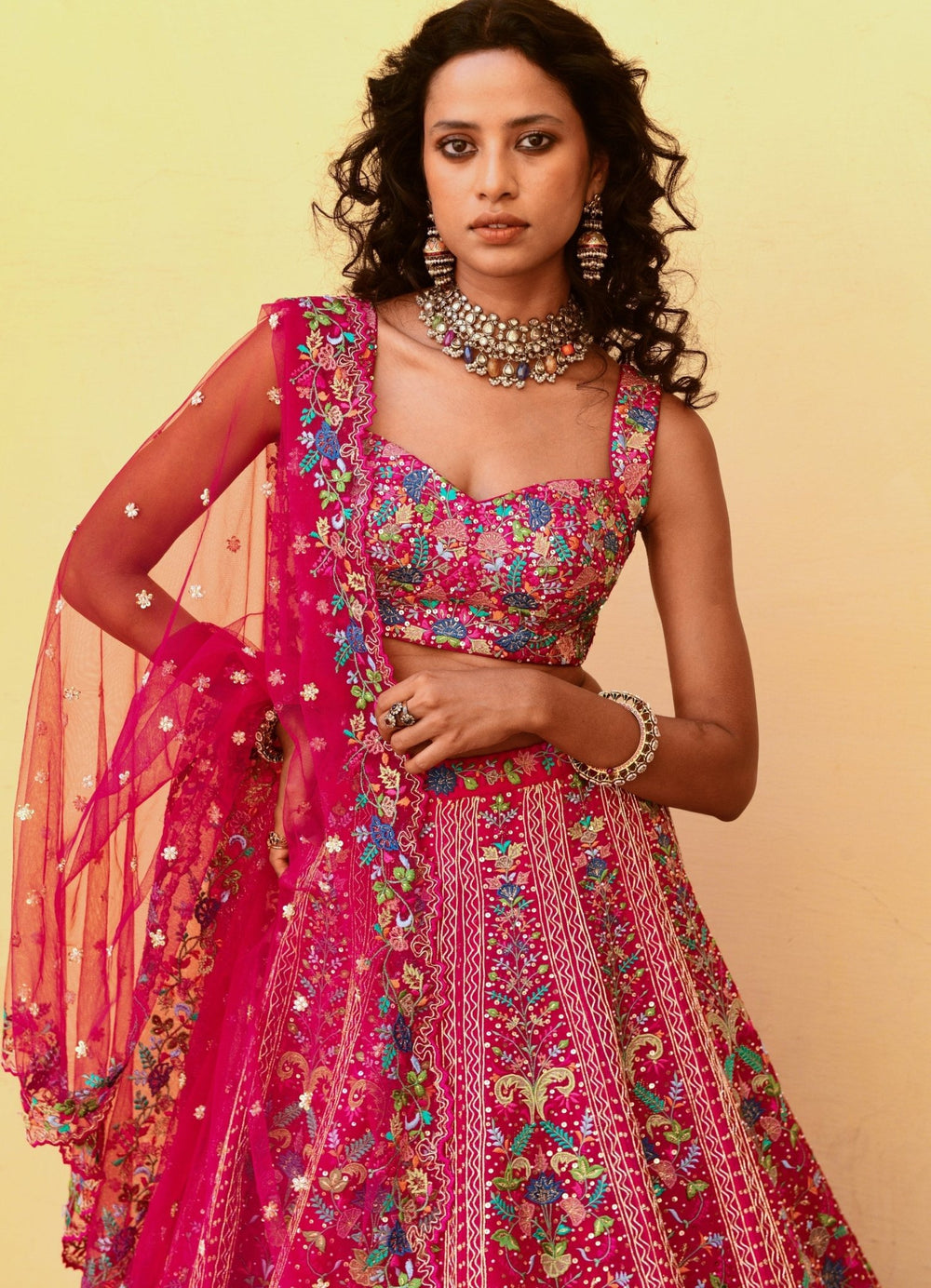Radiant Pink Multicoloured Resham and Applique Lehenga Set Chamee n Palak - Fabilicious Fashion