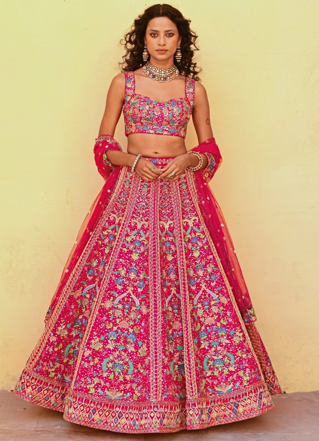 Radiant Pink Multicoloured Resham and Applique Lehenga Set Chamee n Palak - Fabilicious Fashion