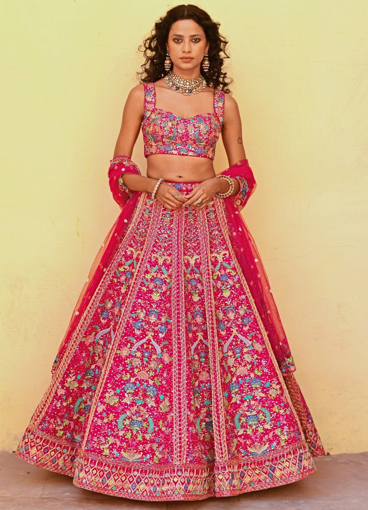 Radiant Pink Multicoloured Resham and Applique Lehenga Set Chamee n Palak - Fabilicious Fashion