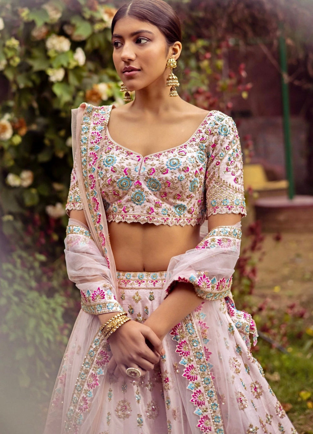 Raina Blush Pink Double Dupatta Embroidered Silk Lehenga Set Angad Singh - Fabilicious Fashion
