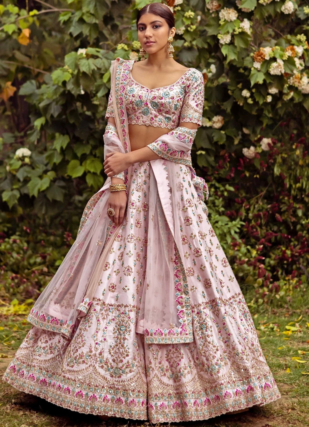 Raina Blush Pink Double Dupatta Embroidered Silk Lehenga Set Angad Singh - Fabilicious Fashion