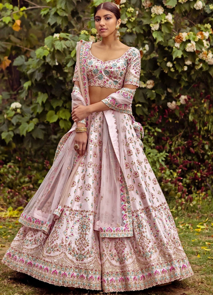 Raina Blush Pink Double Dupatta Embroidered Silk Lehenga Set Angad Singh - Fabilicious Fashion