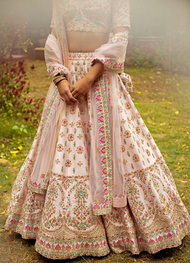Raina Blush Pink Double Dupatta Embroidered Silk Lehenga Set Angad Singh - Fabilicious Fashion