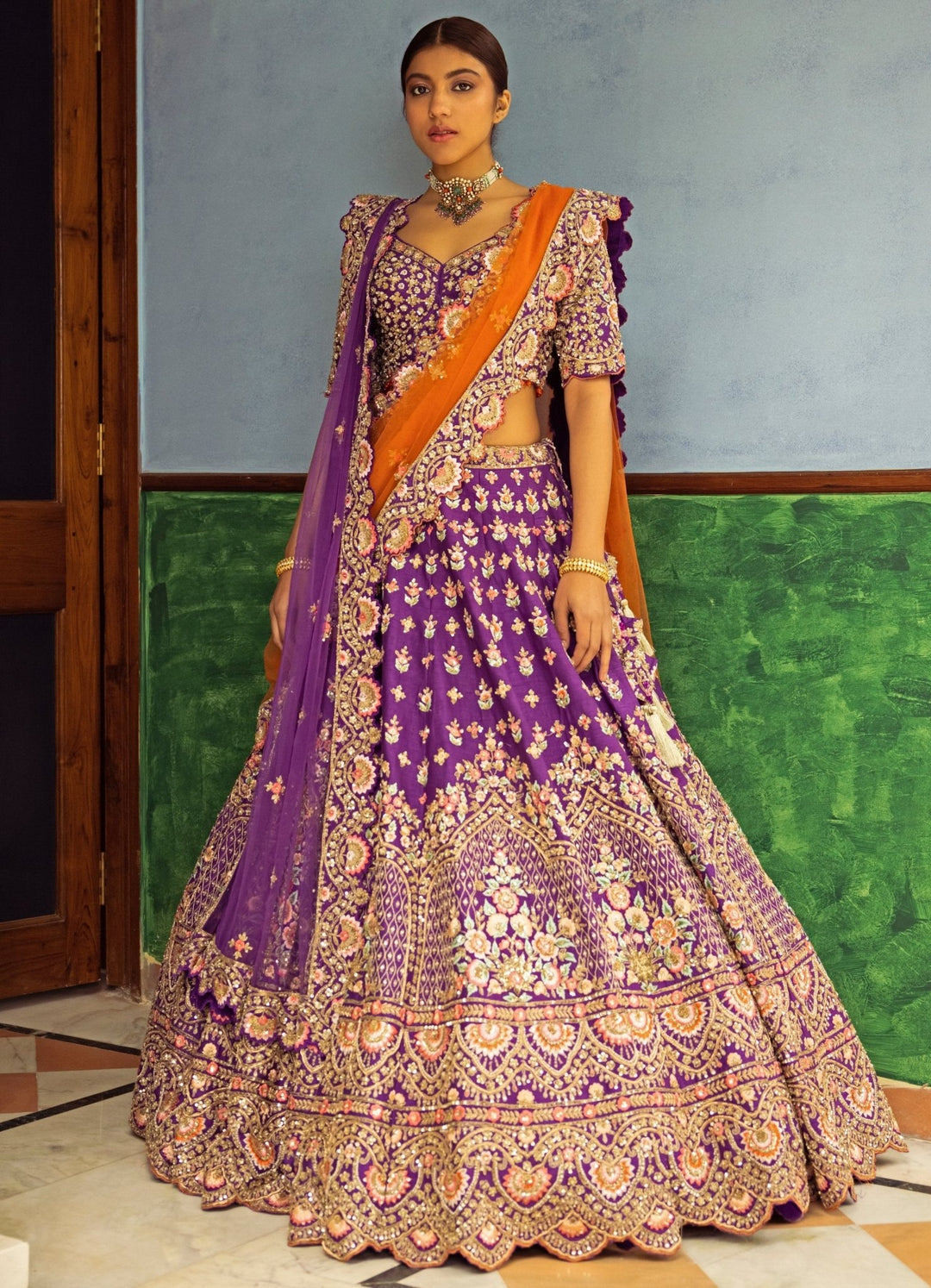Raina Purple Double Dupatta Embroidered Silk Lehenga Set Angad Singh - Fabilicious Fashion
