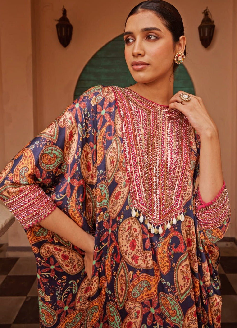 Rani Pink and Blue Printed Kaftan Set Nidhika Shekhar - Fabilicious Fashion