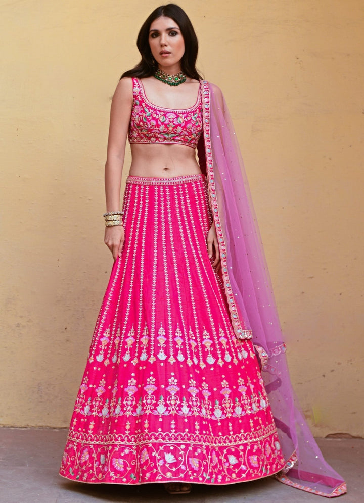 Rani Pink and Lavender Embroidered Lehenga Set Chamee n Palak - Fabilicious Fashion