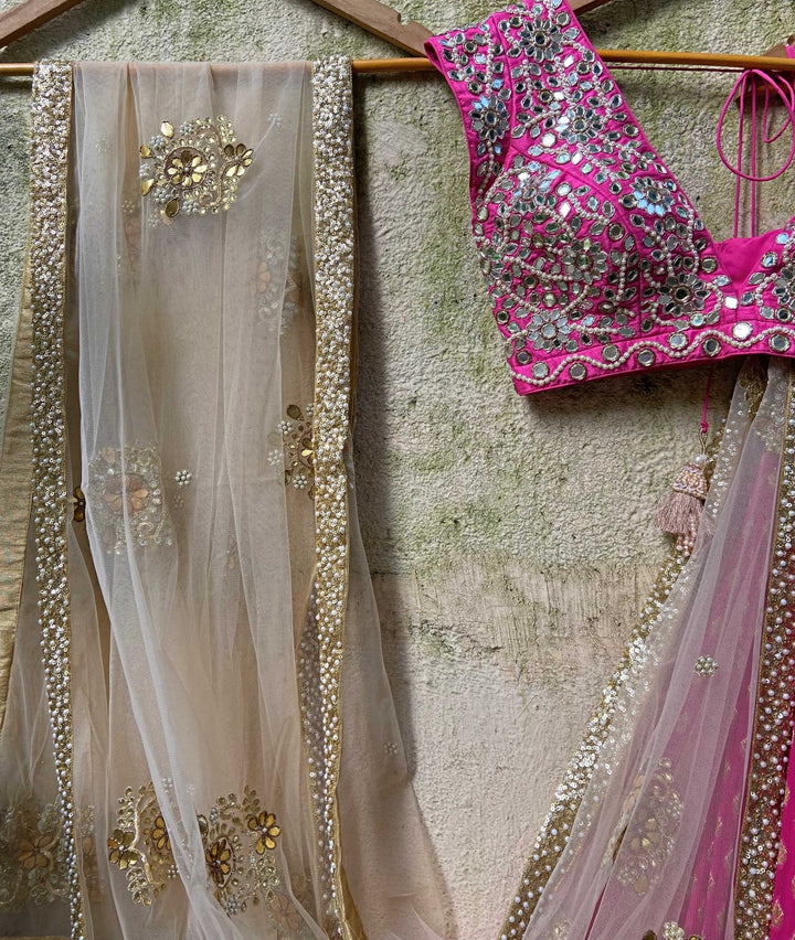 Rani Pink and Nude Gold Lehenga set Priti Sahni - Fabilicious Fashion