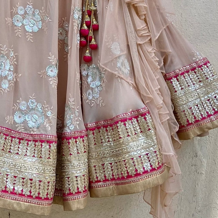 Rani Pink and Tan Lehenga Set with Ruffle Dupatta Priti Sahni - Fabilicious Fashion