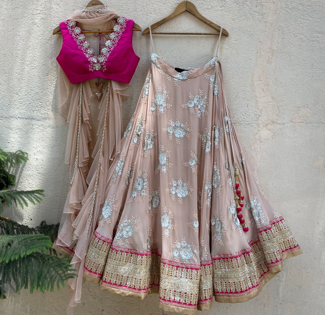 Rani Pink and Tan Lehenga Set with Ruffle Dupatta Priti Sahni - Fabilicious Fashion