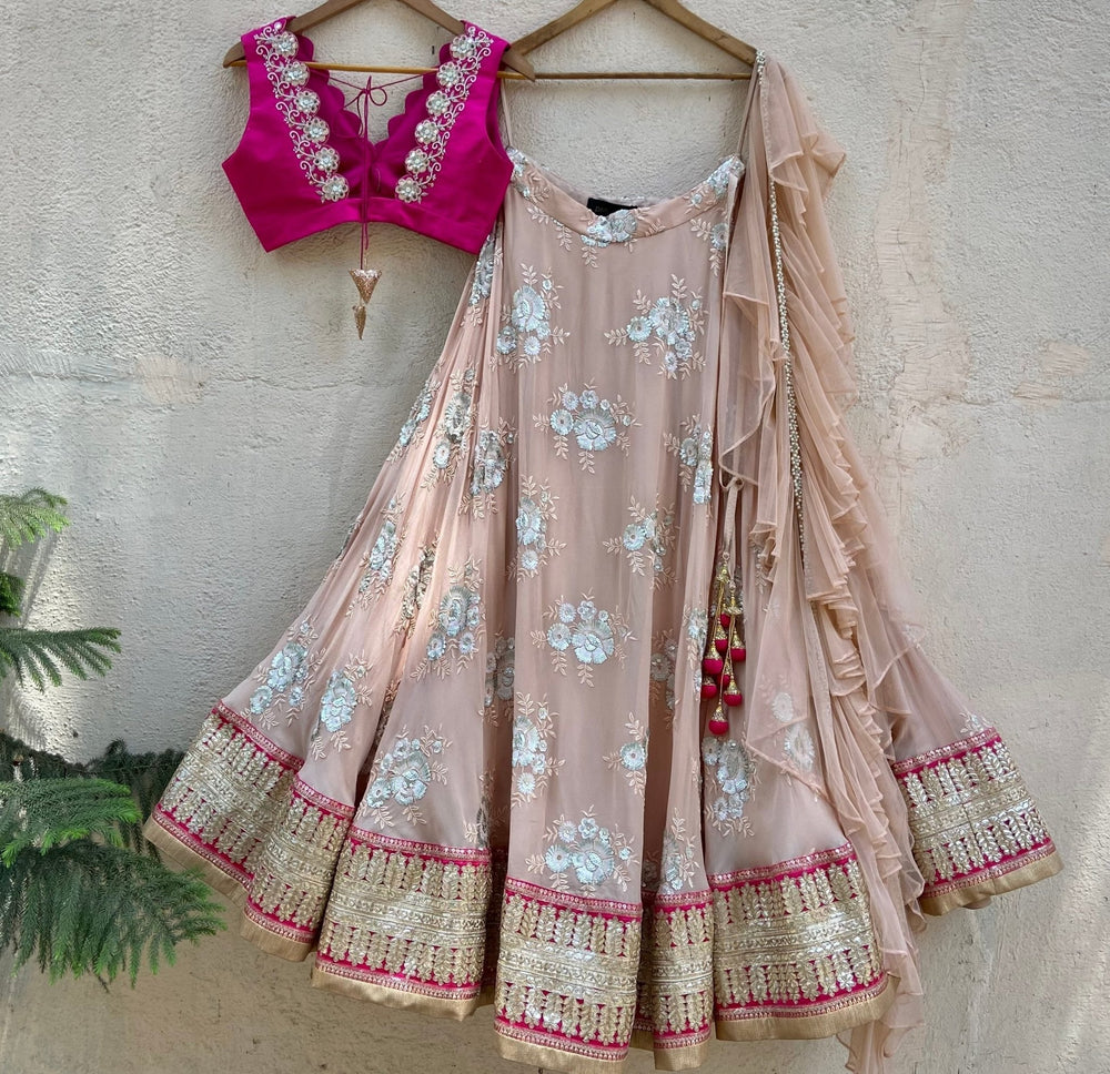 Rani Pink and Tan Lehenga Set with Ruffle Dupatta Priti Sahni - Fabilicious Fashion