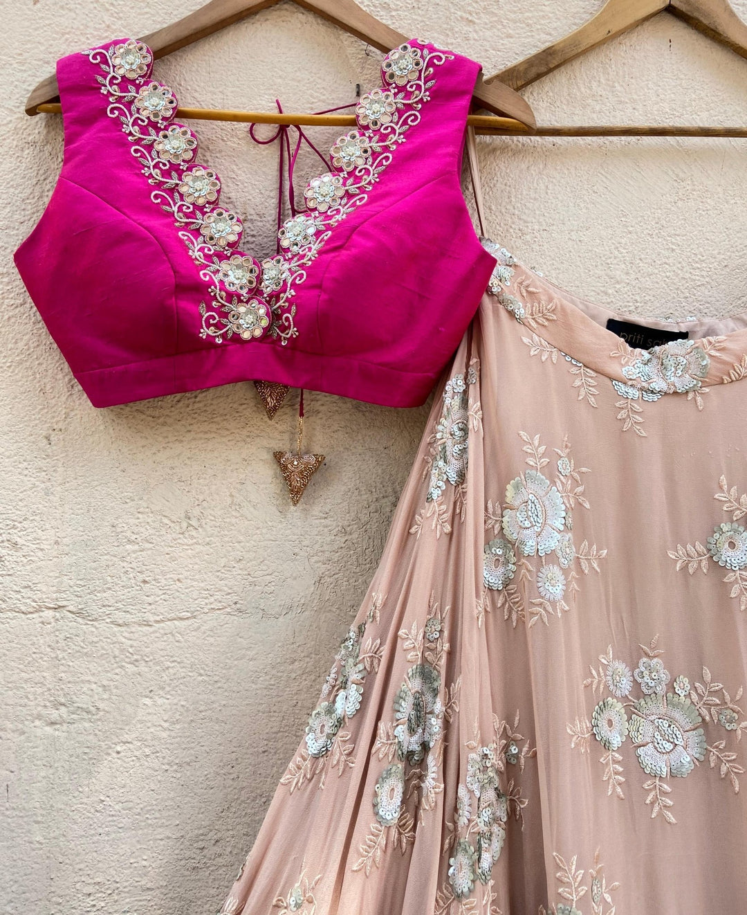 Rani Pink and Tan Lehenga Set with Ruffle Dupatta Priti Sahni - Fabilicious Fashion