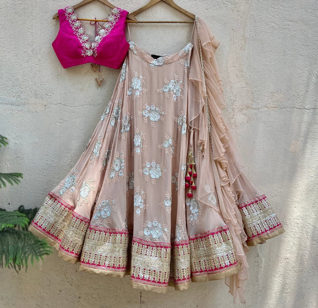 Rani Pink and Tan Lehenga Set with Ruffle Dupatta Priti Sahni - Fabilicious Fashion