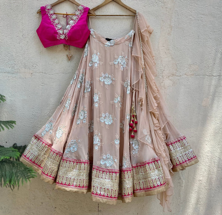 Rani Pink and Tan Lehenga Set with Ruffle Dupatta Priti Sahni - Fabilicious Fashion