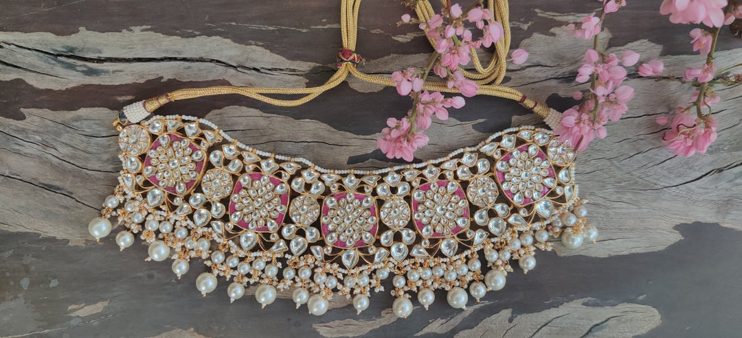 Rani Pink And White Pearl Choker Necklace Set Riana by Shikha Jindal - Fabilicious Fashion