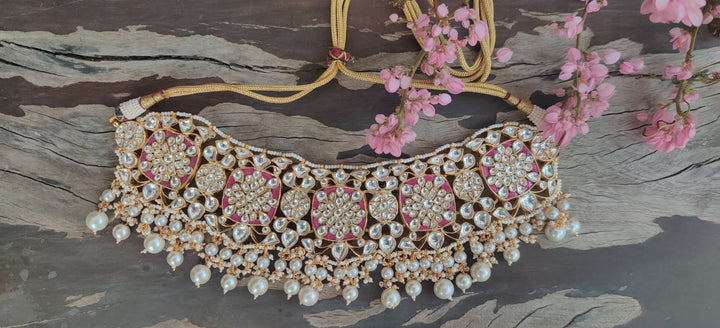 Rani Pink And White Pearl Choker Necklace Set Riana by Shikha Jindal - Fabilicious Fashion