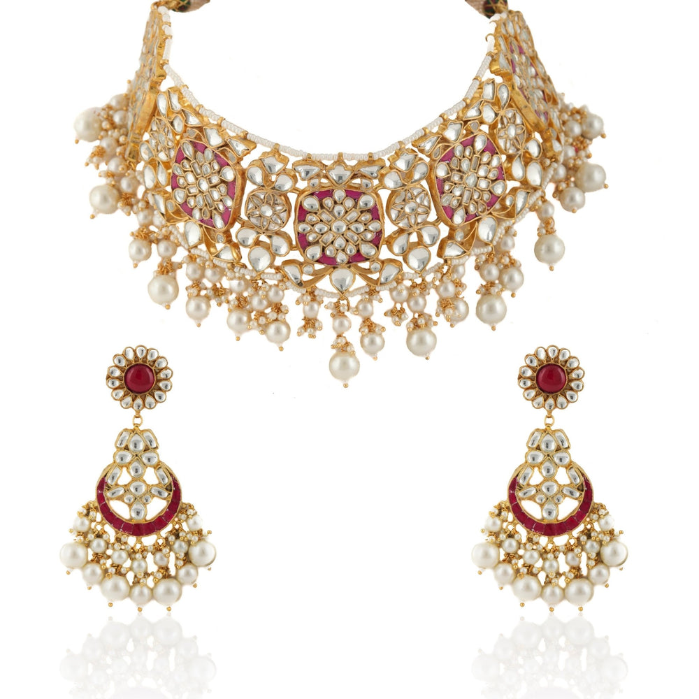 Rani Pink And White Pearl Choker Necklace Set Riana by Shikha Jindal - Fabilicious Fashion