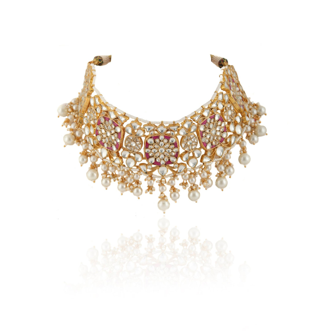 Rani Pink And White Pearl Choker Necklace Set Riana by Shikha Jindal - Fabilicious Fashion