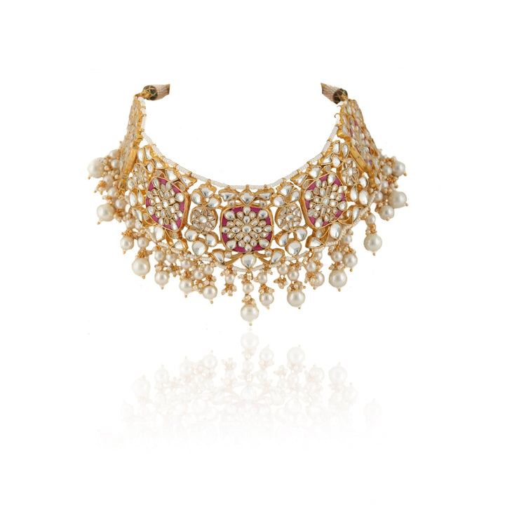 Rani Pink And White Pearl Choker Necklace Set Riana by Shikha Jindal - Fabilicious Fashion