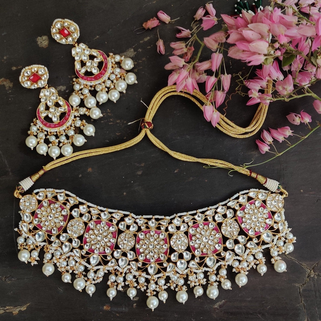 Rani Pink And White Pearl Choker Necklace Set Riana by Shikha Jindal - Fabilicious Fashion