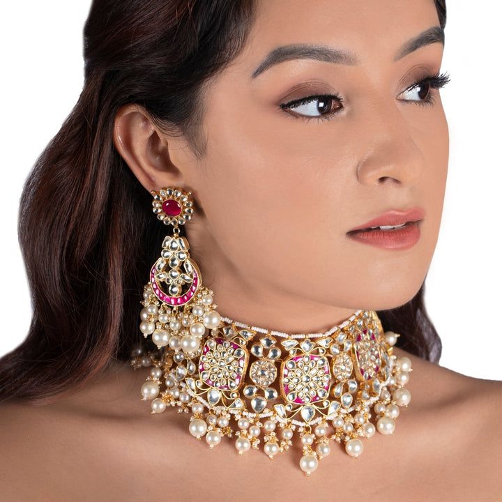Rani Pink And White Pearl Choker Necklace Set Riana by Shikha Jindal - Fabilicious Fashion