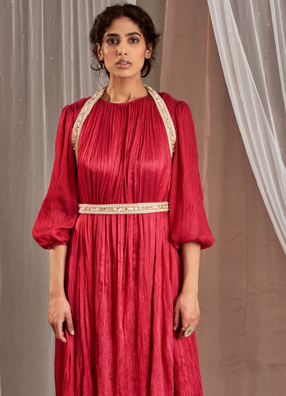 Rani Pink Balloon Sleeved Silk Dress With Belts Nidhika Shekhar - Fabilicious Fashion