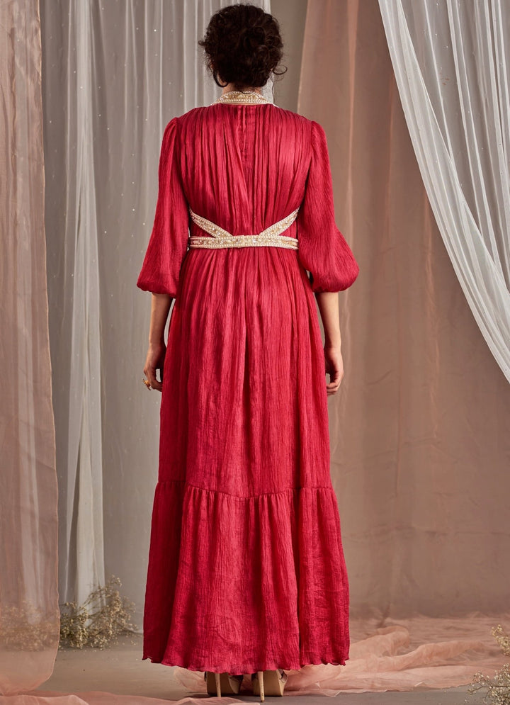 Rani Pink Balloon Sleeved Silk Dress With Belts Nidhika Shekhar - Fabilicious Fashion