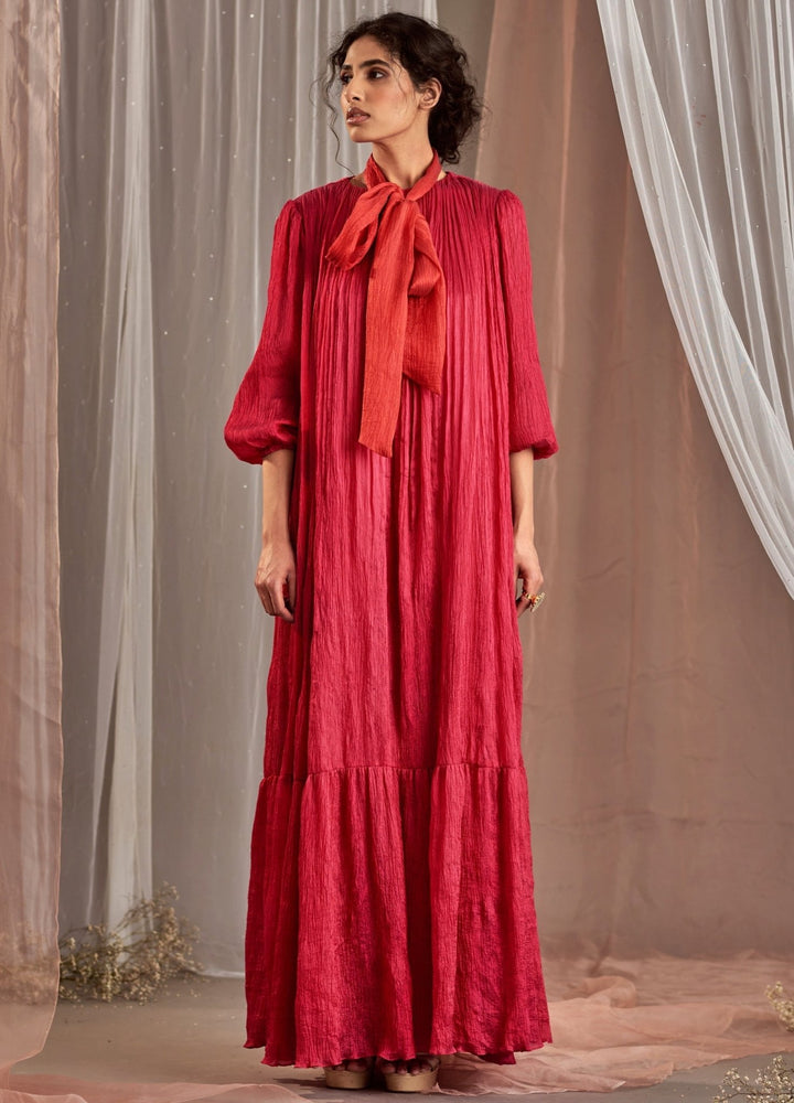 Rani Pink Balloon Sleeved Silk Dress With Belts Nidhika Shekhar - Fabilicious Fashion