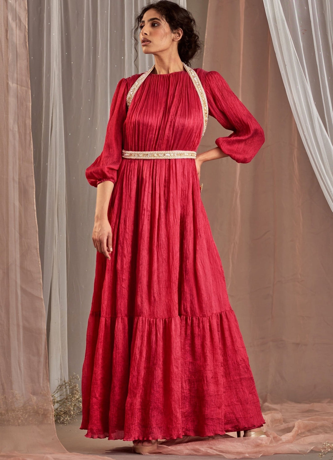 Rani Pink Balloon Sleeved Silk Dress With Belts Nidhika Shekhar - Fabilicious Fashion