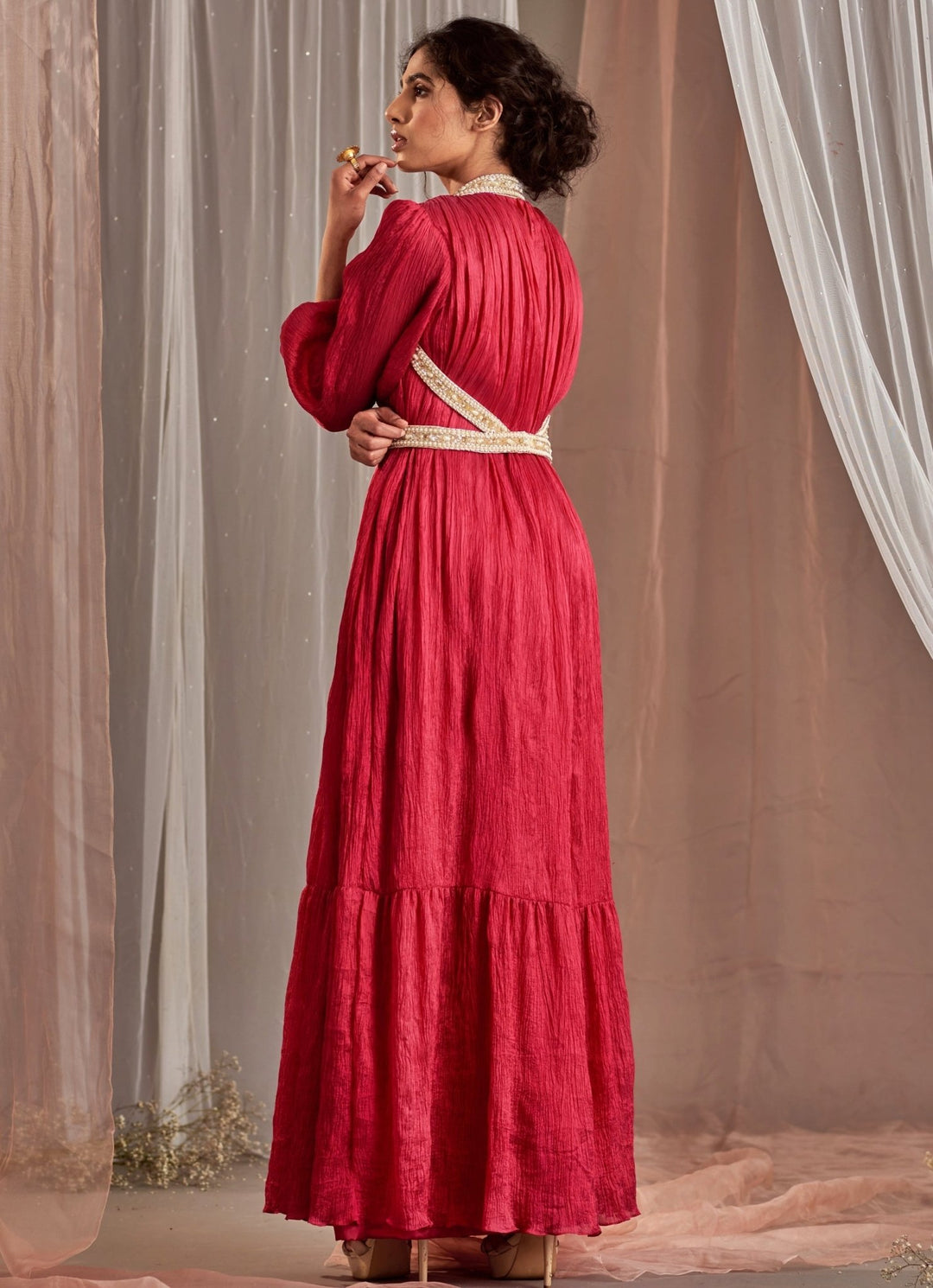 Rani Pink Balloon Sleeved Silk Dress With Belts Nidhika Shekhar - Fabilicious Fashion